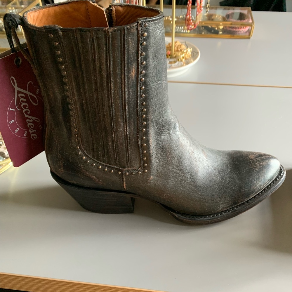 Lucchese Metallic Gray Leather Ankle Boots with Stud Detail